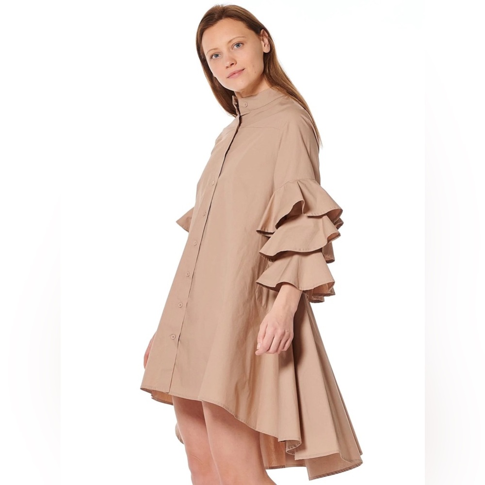 NWT Gracia Tiered Ruffle-Sleeves Button-Down Trapeze Dress